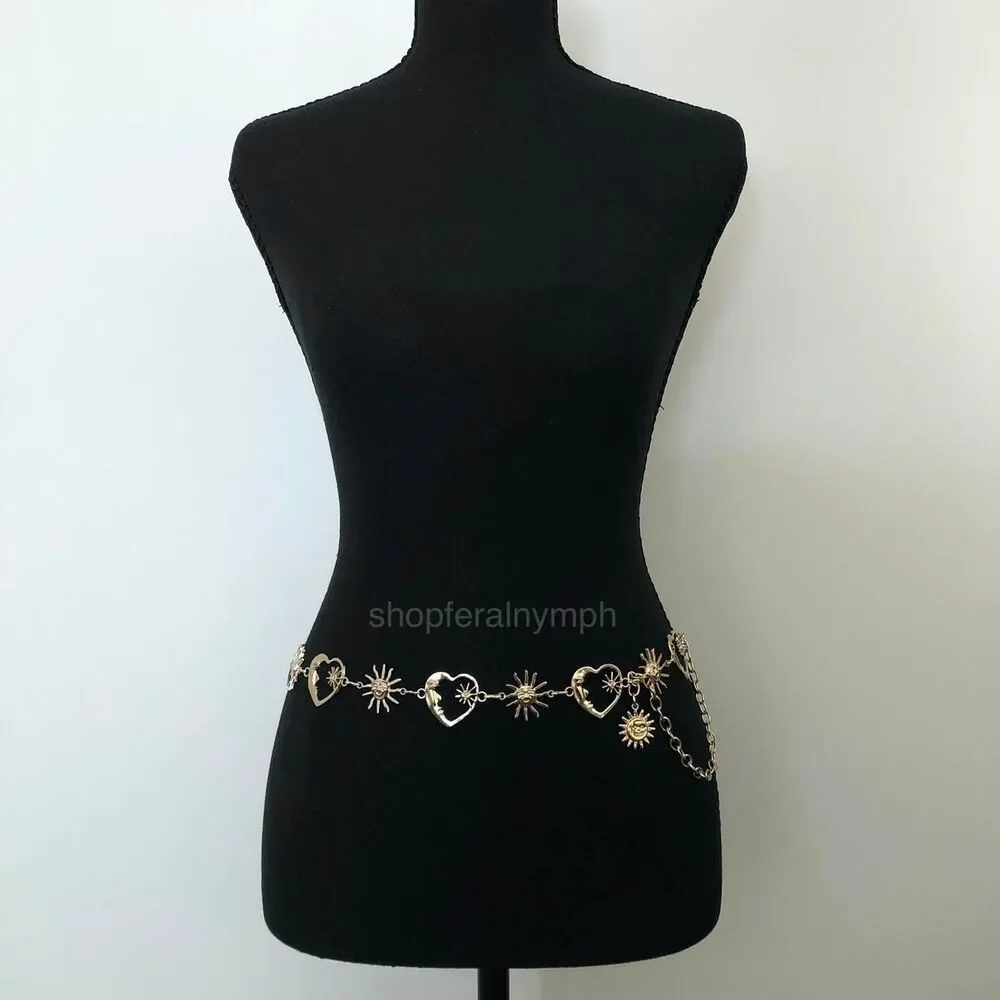 Celestial Gold Sun Heart Crescent Moon Chain Belt, Fits 20–39.5 Inches, X7GA1158